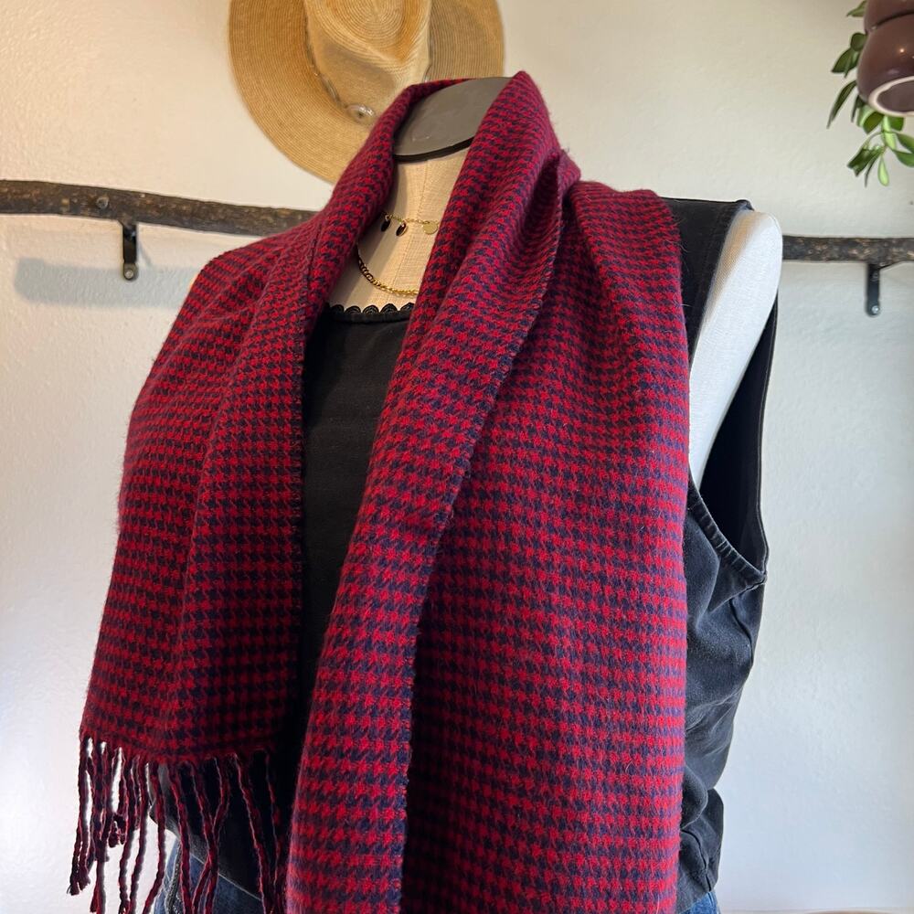 Givenchy Made in Italy Red & Blue Houndstooth Fringe Trim Scarf Unisex